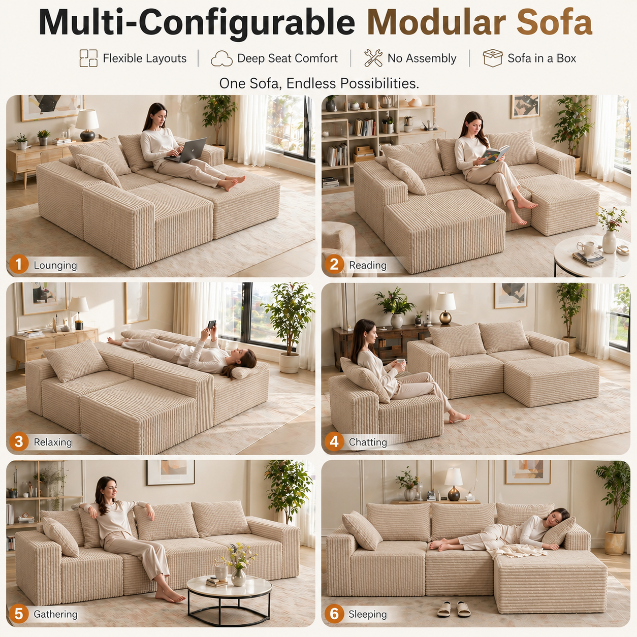 UNICORN FURNITURE Modular Cloud Sofa Bed in a Box – 275cm L-Shaped Boneless Couch, Deep Seat Memory Foam Sectional Sofa, Pet Friendly Corduroy Corner Sofa with Chaise (Beige)