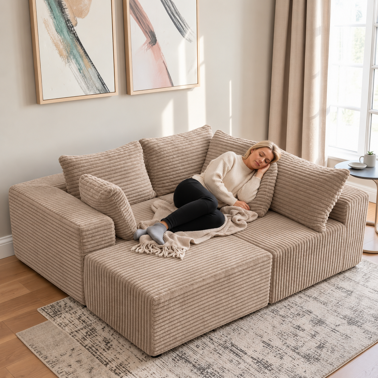 UNICORN FURNITURE Modular Cloud Sofa Bed in a Box – 275cm L-Shaped Boneless Couch, Deep Seat Memory Foam Sectional Sofa, Pet Friendly Corduroy Corner Sofa with Chaise (Beige)