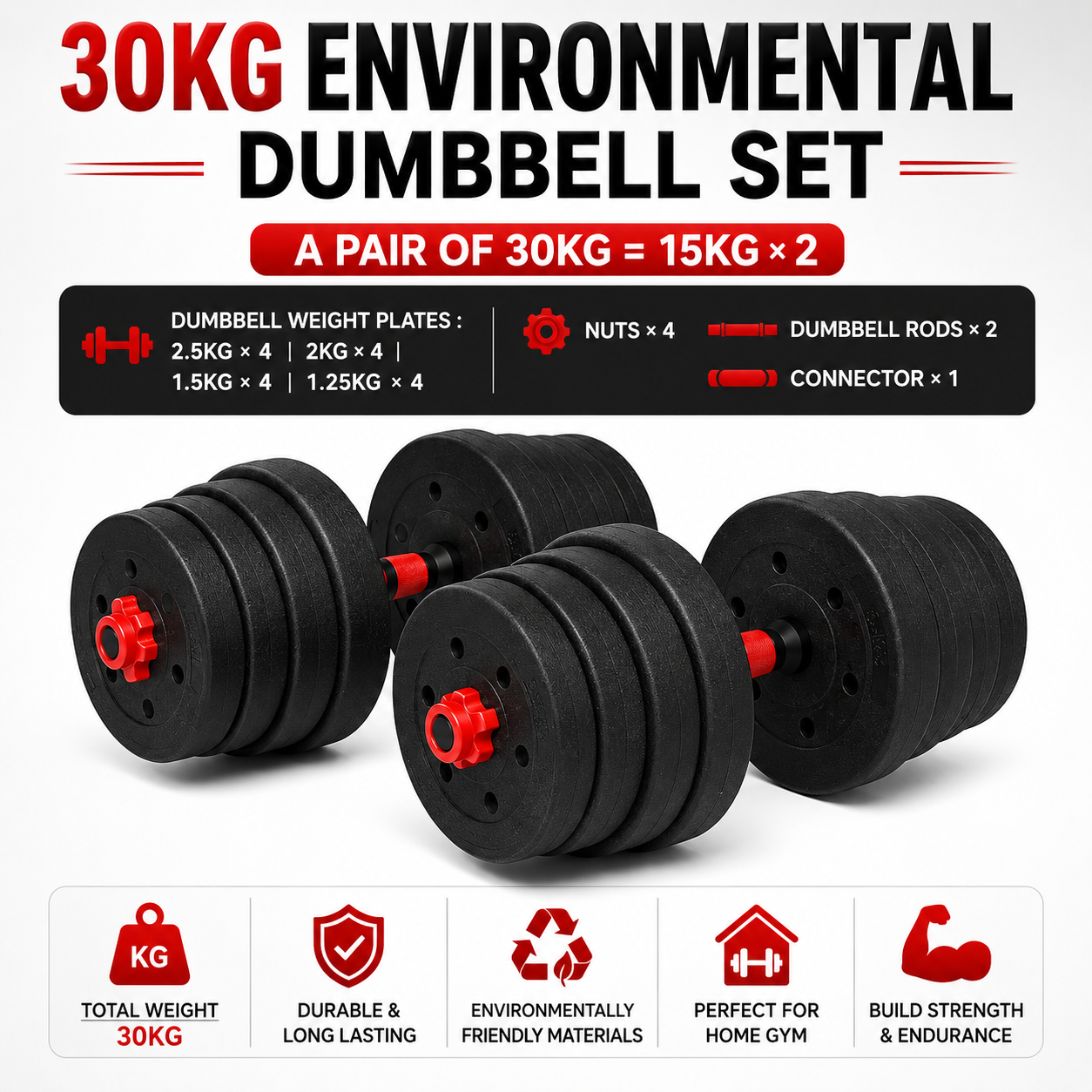 SUREPEFY 30KG Adjustable Dumbbell & Barbell Set – 2-in-1 Home Gym Weights