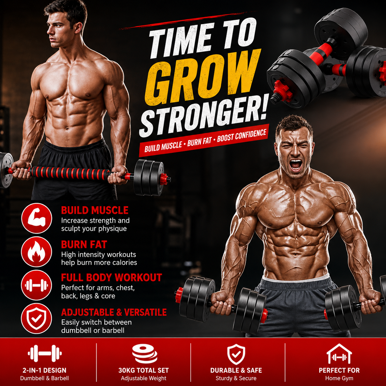 SUREPEFY 30KG Adjustable Dumbbell & Barbell Set – 2-in-1 Home Gym Weights