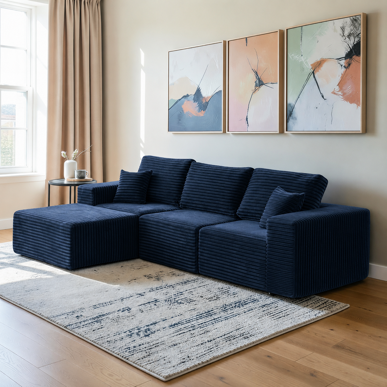 UNICORN FURNITURE Modular Cloud Sofa Bed in a Box – 275cm L-Shaped Boneless Couch, Deep Seat Memory Foam Sectional Sofa, Pet Friendly Corduroy Corner Sofa with Chaise (Blue)