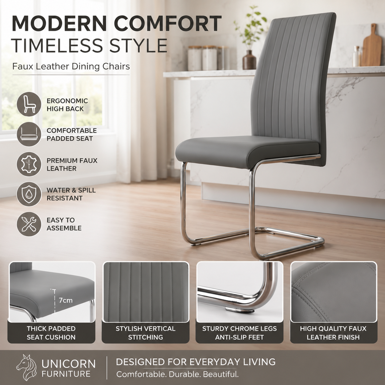 UNICORN FURNITURE Arezzo 100cm Round Glass Dining Table Set with 4 Faux Leather Chairs – Gold Chrome Table & Silver Chrome Legs
