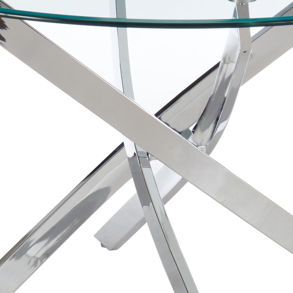 UNICORN FURNITURE 100cm Round Glass Dining Table Set with 4 Faux Leather Chairs – Modern Chrome Nest Design, Tempered Glass Top, for Restaurant Furniture Set - Kitchen & Dining Room (Grey Chairs)