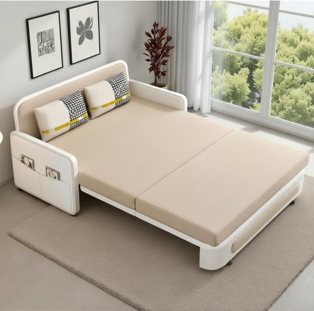 Unicorn Furniture Sofa Bed with Storage – Beige & White 2 Seater Pull Out Sofa Bed, Convertible Sleeper Sofa for Small Spaces, 158cm