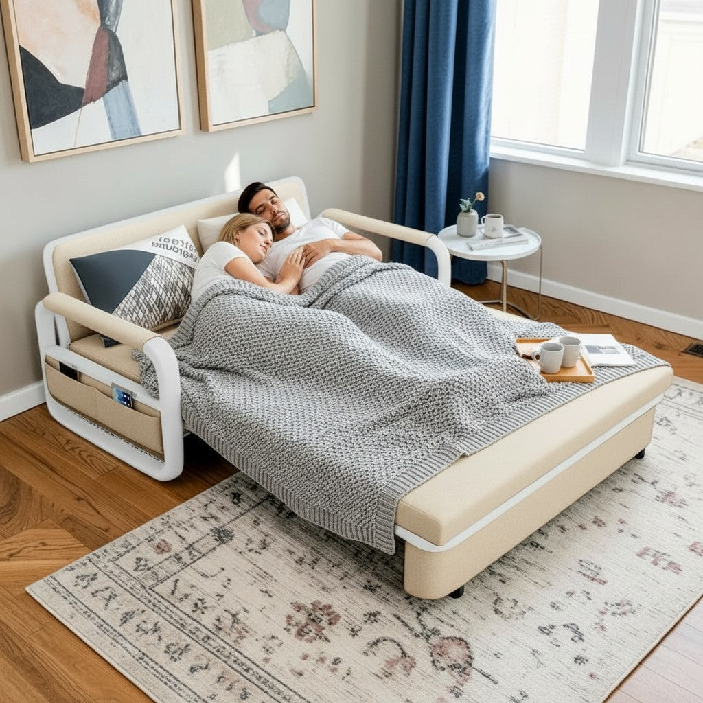 UNICORN FURNITURE Sofa Bed with Storage – Double Sofa Bed Pull Out, Convertible 2 Seater Sofa Bed, Reclining Sleeper Couch, Compact Space Saving Sofabed 158cm (Beige & White Frame)
