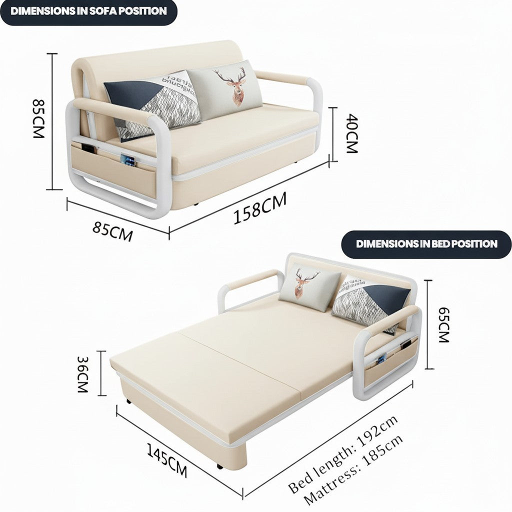 UNICORN FURNITURE Sofa Bed with Storage – Double Sofa Bed Pull Out, Convertible 2 Seater Sofa Bed, Reclining Sleeper Couch, Compact Space Saving Sofabed 158cm (Beige & White Frame)