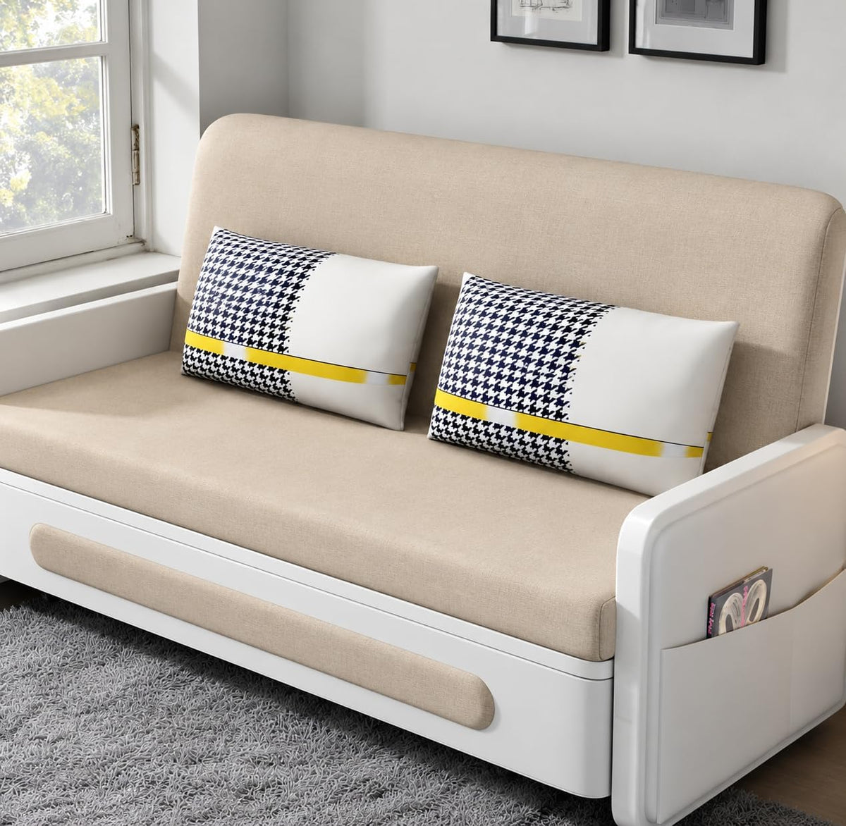 Unicorn Furniture Sofa Bed with Storage – Beige & White 2 Seater Pull Out Sofa Bed, Convertible Sleeper Sofa for Small Spaces, 158cm