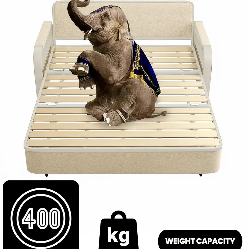 UNICORN FURNITURE Sofa Bed with Storage – Double Sofa Bed Pull Out, Convertible 2 Seater Sofa Bed, Reclining Sleeper Couch, Compact Space Saving Sofabed 158cm (Beige & White Frame)