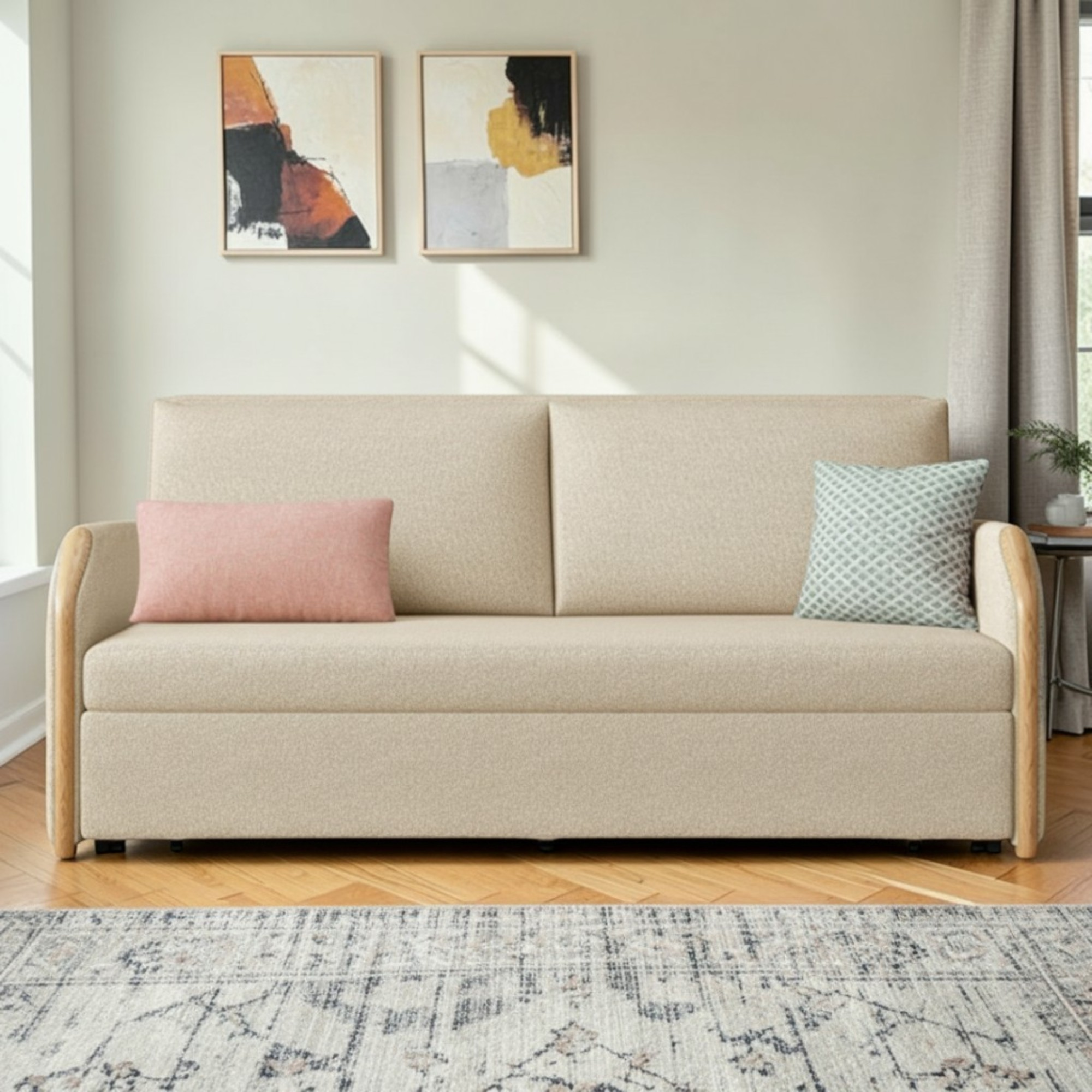 UNICORN FURNITURE Convertible Sofa Bed with Storage, King Size Pull Out Sofa Bed, 3 Seater Sofa Bed in Removable Cotton Fabric, Tool-Free Assembly Sofa Bed with Hidden Storage 170cm (Beige)