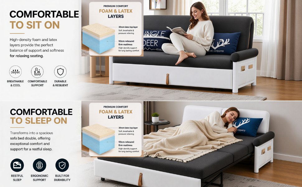 UNICORN FURNITURE Convertible Sofa Bed Double with Storage – 2 Seater Pull Out Sofa Bed, Modern Sofa Bed Double Sleeper Couch for Living Room, Guest Room & Small Spaces (Dark Grey)