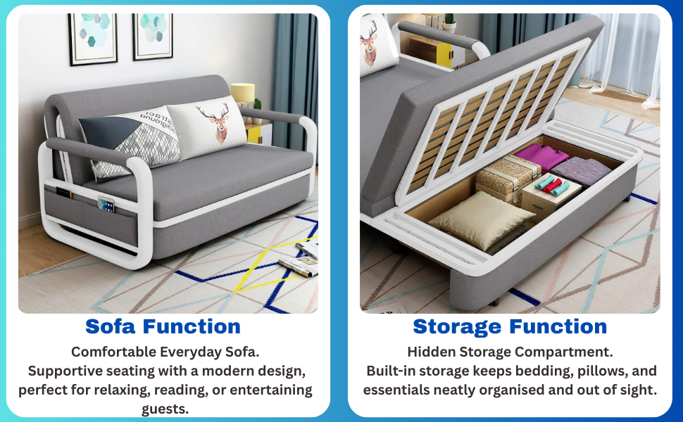 UNICORN FURNITURE Sofa Bed with Storage – Pull Out Sofa Bed with Storage for Small Spaces, Sleeper Couch with Armrest Pockets, Foldable Reclining Design, Easy Assembly, 158cm Width (Glacier Grey)