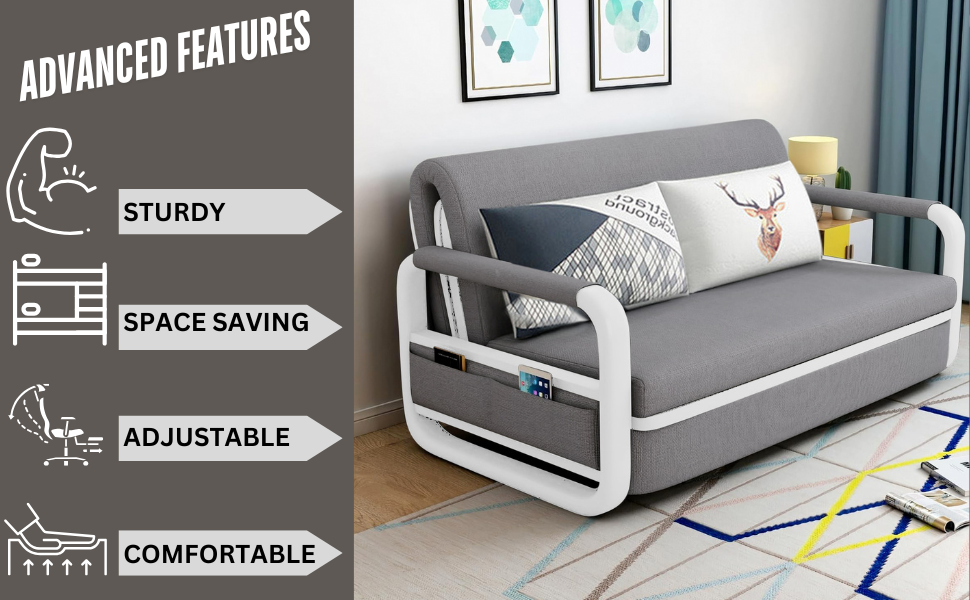 UNICORN FURNITURE Sofa Bed with Storage – Pull Out Sofa Bed with Storage for Small Spaces, Sleeper Couch with Armrest Pockets, Foldable Reclining Design, Easy Assembly, 158cm Width (Glacier Grey)