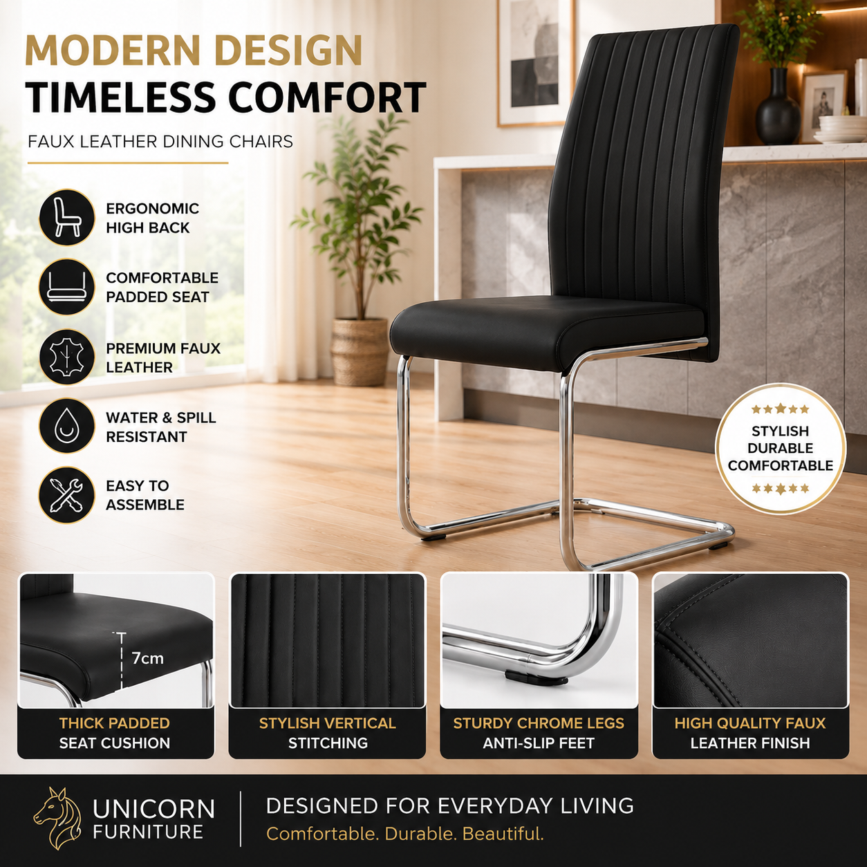 UNICORN FURNITURE Arezzo 100cm Round Glass Dining Table Set with 4 Faux Leather Chairs – Gold Chrome Table & Silver Chrome Legs