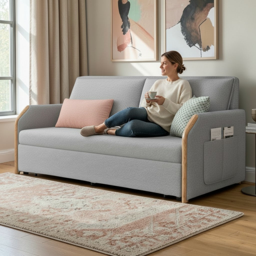 UNICORN FURNITURE Convertible Sofa Bed with Storage, King Size Pull Out Sofa Bed, 3 Seater Sofa Bed in Removable Cotton Fabric, Tool-Free Assembly Sofa Bed with Hidden Storage 170cm (Glacier Grey)