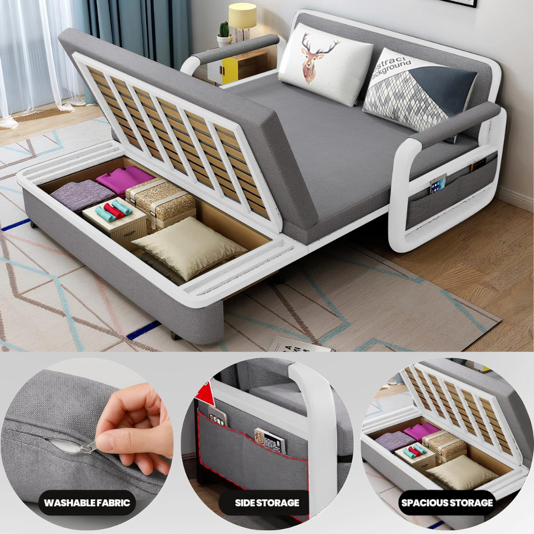 UNICORN FURNITURE Sofa Bed with Storage – Pull Out Sofa Bed with Storage for Small Spaces, Sleeper Couch with Armrest Pockets, Foldable Reclining Design, Easy Assembly, 158cm Width (Glacier Grey)