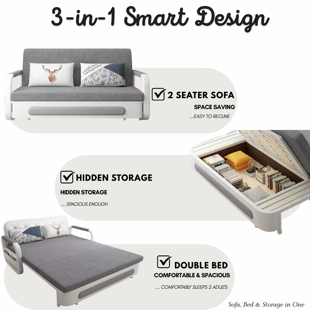 UNICORN FURNITURE Double Pull-Out Sofa Bed with Storage (158cm) – Grey Fabric + White Faux Leather | Convertible Sleeper Sofa Bed for Small Spaces