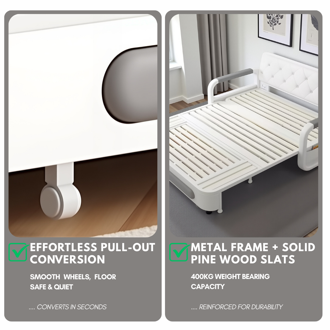 UNICORN FURNITURE Double Pull-Out Sofa Bed with Storage (158cm) – Grey Fabric + White Faux Leather | Convertible Sleeper Sofa Bed for Small Spaces