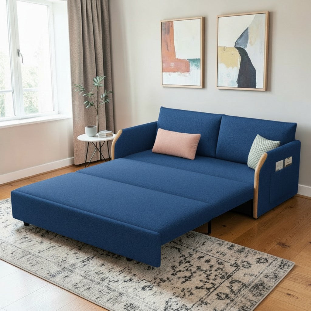 UNICORN FURNITURE Convertible Sofa Bed with Storage, King Size Pull Out Sofa Bed, 3 Seater Sofa Bed in Removable Cotton Fabric, Tool-Free Assembly Sofa Bed with Hidden Storage 170cm (Blue)