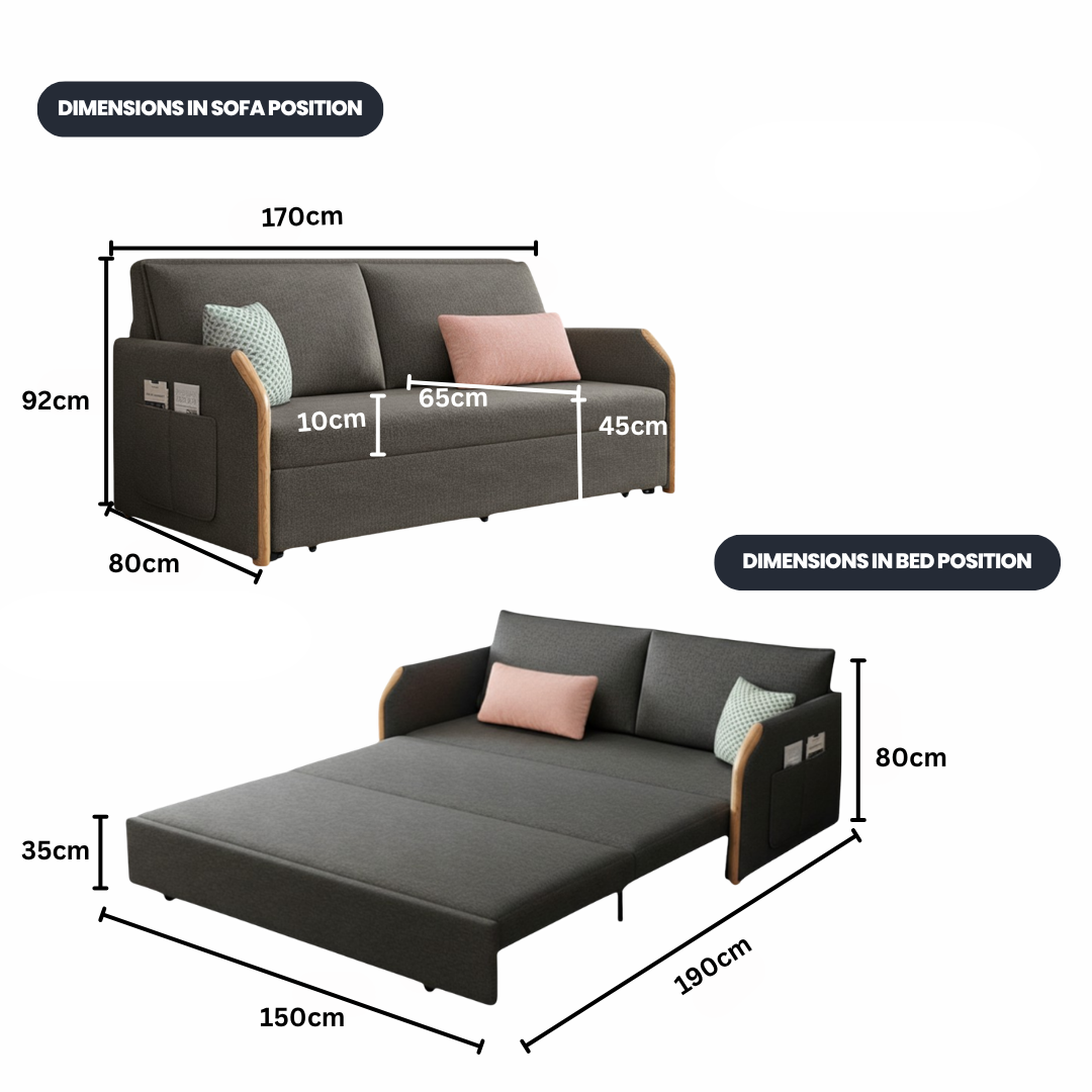 UNICORN FURNITURE Convertible Sofa Bed with Storage, King Size Pull Out Sofa Bed, 3 Seater Sofa Bed in Removable Cotton Fabric, Tool-Free Assembly Sofa Bed with Hidden Storage 170cm (Dark Grey)
