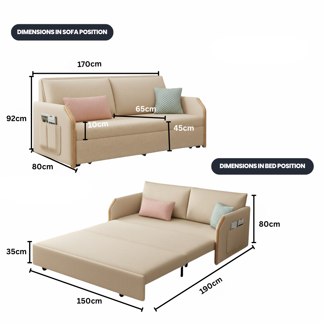 UNICORN FURNITURE Convertible Sofa Bed with Storage, King Size Pull Out Sofa Bed, 3 Seater Sofa Bed in Removable Cotton Fabric, Tool-Free Assembly Sofa Bed with Hidden Storage 170cm (Beige)