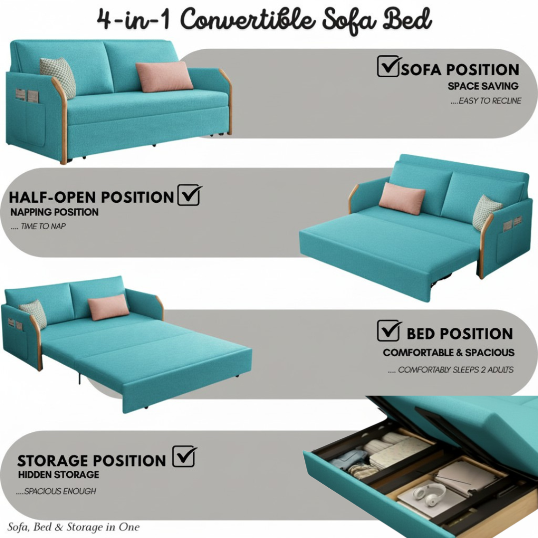 UNICORN FURNITURE Convertible Sofa Bed with Storage, King Size Pull Out Sofa Bed, 3 Seater Sofa Bed in Removable Cotton Fabric, Tool-Free Assembly Sofa Bed with Hidden Storage 170cm (Duck Egg Blue)