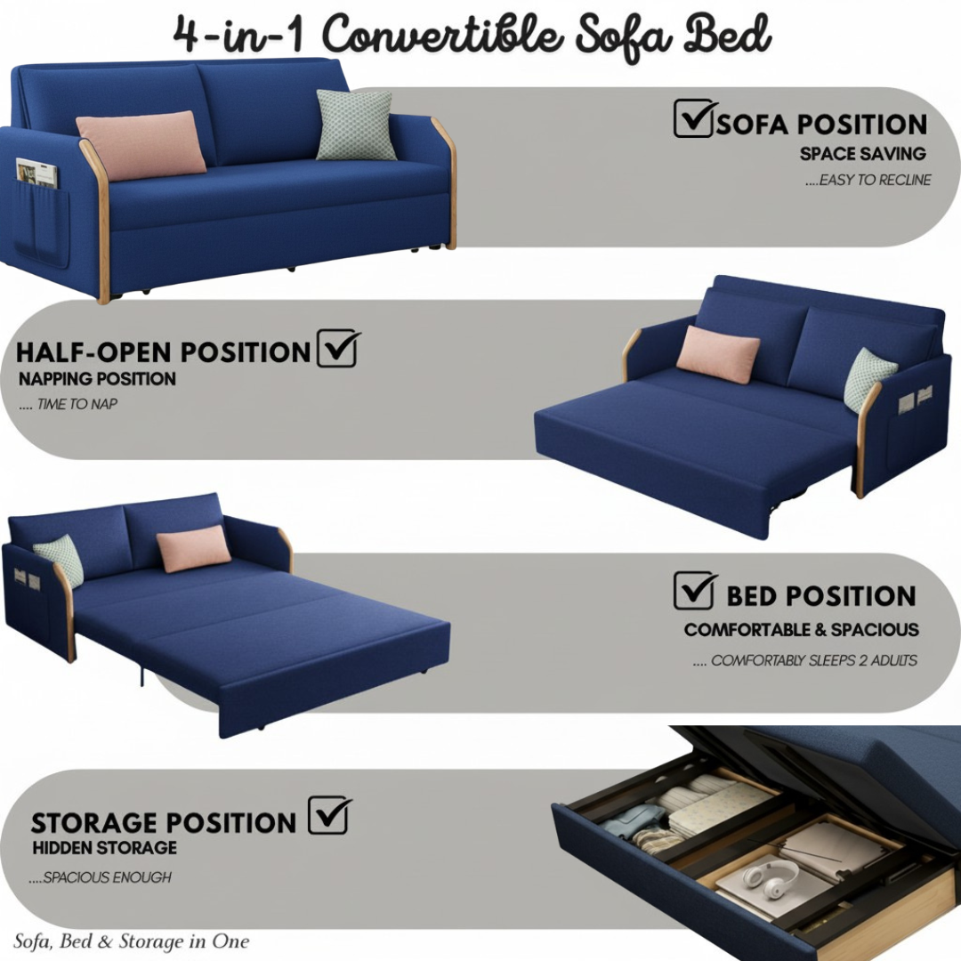 UNICORN FURNITURE Convertible Sofa Bed with Storage, King Size Pull Out Sofa Bed, 3 Seater Sofa Bed in Removable Cotton Fabric, Tool-Free Assembly Sofa Bed with Hidden Storage 170cm (Blue)