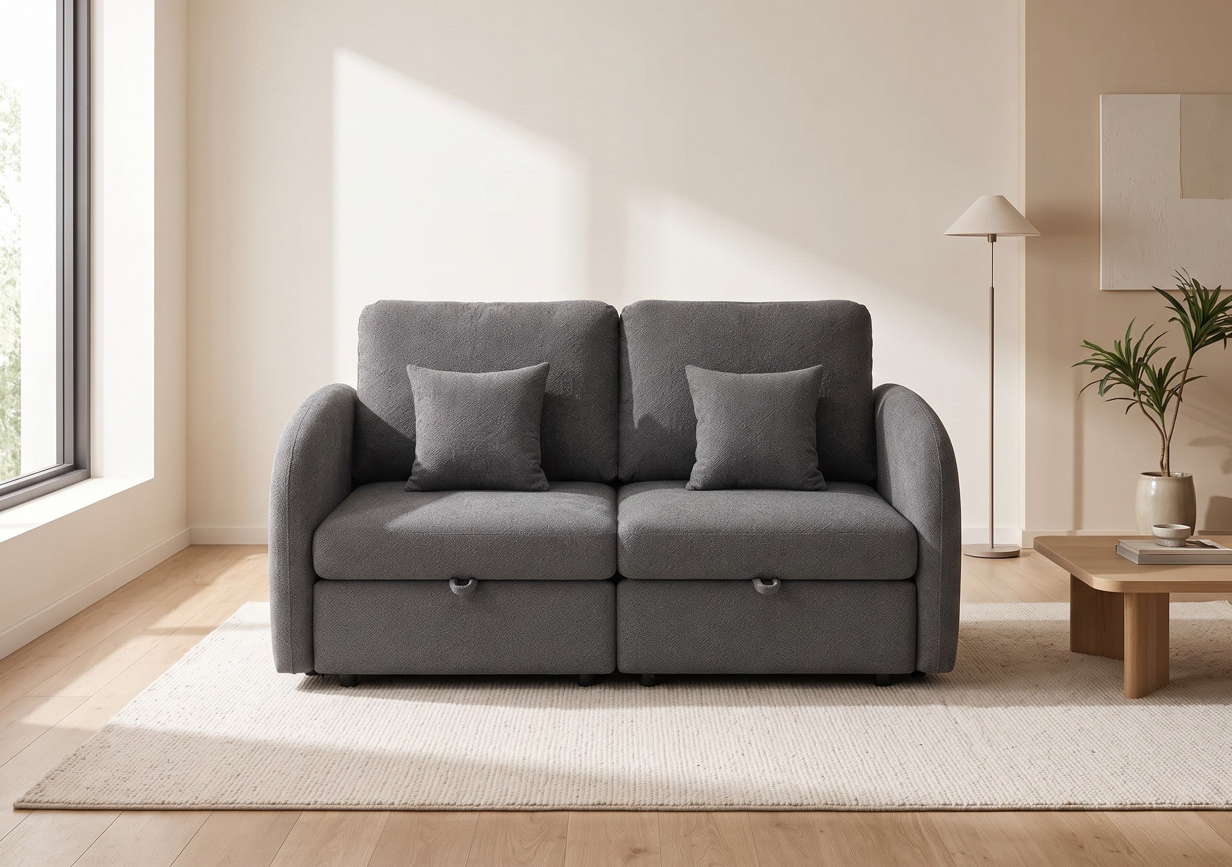 UNICORN FURNITURE Convertible 2 Seater Pull Out Sofa Bed with Storage & 5-Level Reclining Backrest – Dark Grey