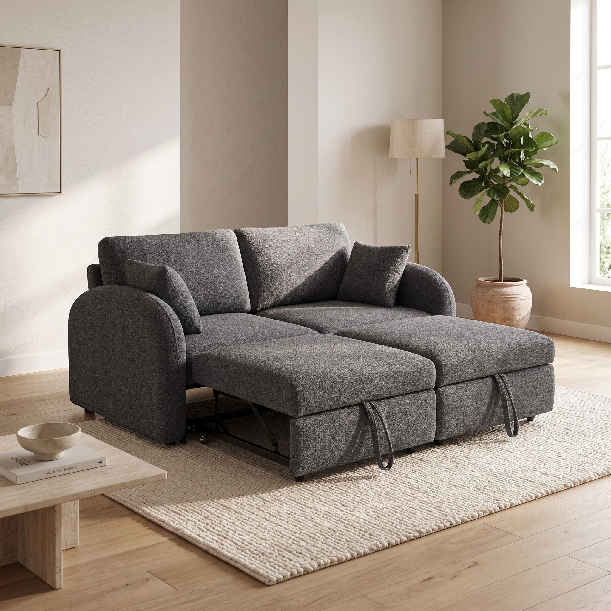 UNICORN FURNITURE Convertible 2 Seater Pull Out Sofa Bed with Storage & 5-Level Reclining Backrest – Dark Grey