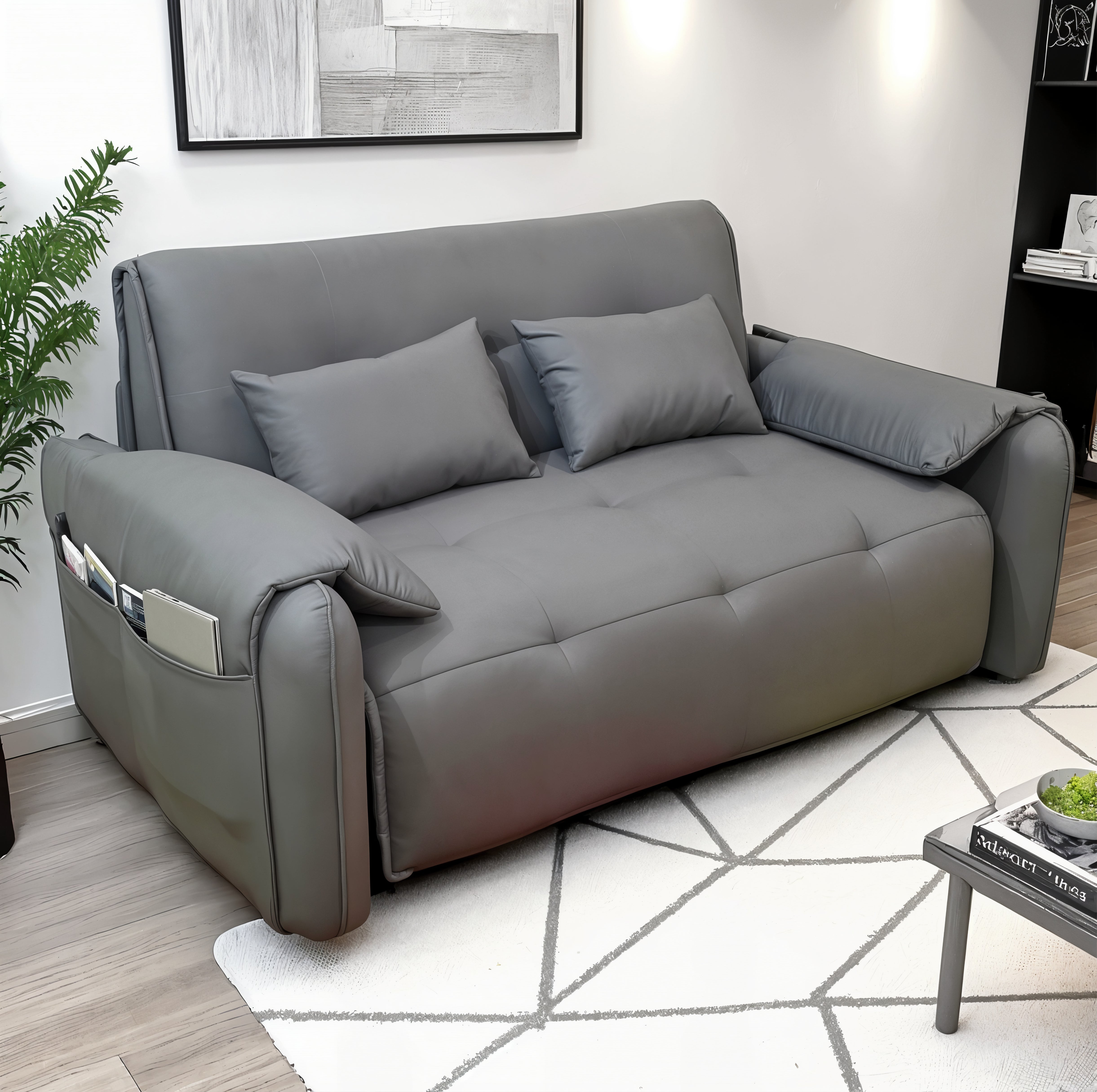 UNICORN FURNITURE Elephant Style Pull Out Sofa Bed Remote Control Recliner Motorised 3-Seater Pull Out Sofa Bed with Storage in Faux Leather with 5-Speed Adjustable Legrest, Ergonomic Support