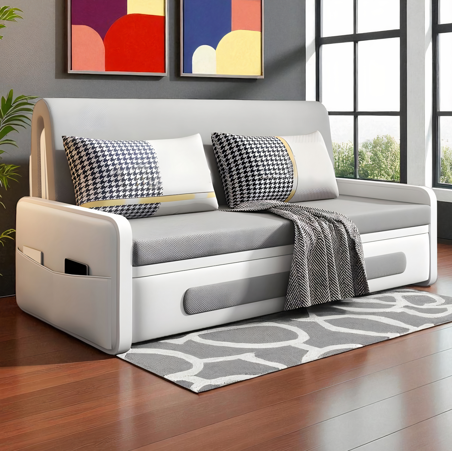 UNICORN FURNITURE Convertible Sleeper Sofa Bed Modern Reclining Foldable Bed Pull Out Sofa Bed With Storage Space Saving Multifunctional Sofabed (Light Grey & White)