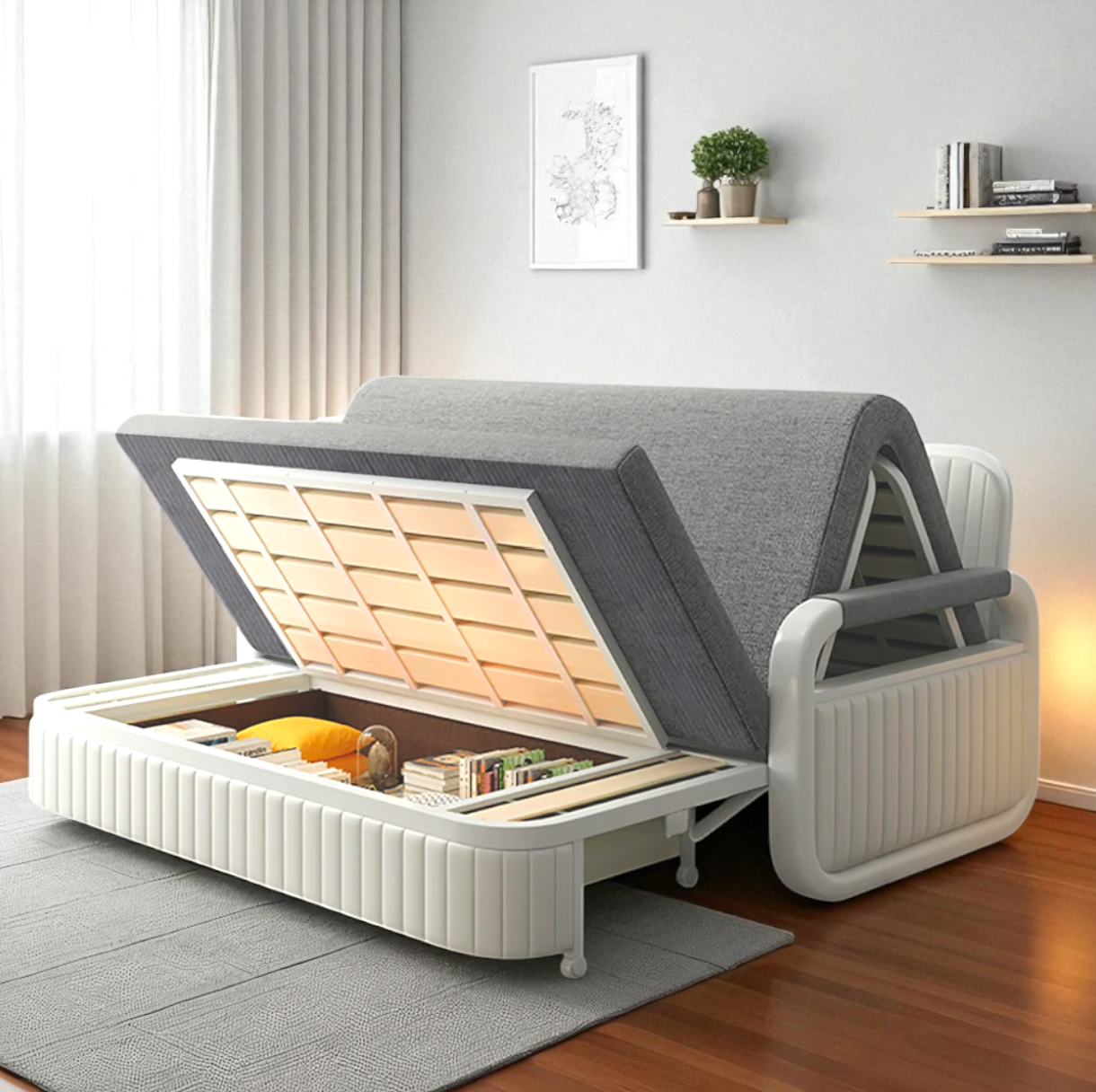 Unicorn Furniture Sofa Bed Modern Foldable Reclining Sleeper Bed Pull Out SofaBed with Storage Upholstered in Grey Cotton Linen & White Leather