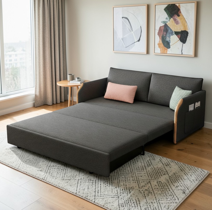 UNICORN FURNITURE Convertible Sofa Bed with Storage, King Size Pull Out Sofa Bed, 3 Seater Sofa Bed in Removable Cotton Fabric, Tool-Free Assembly Sofa Bed with Hidden Storage 170cm (Dark Grey)