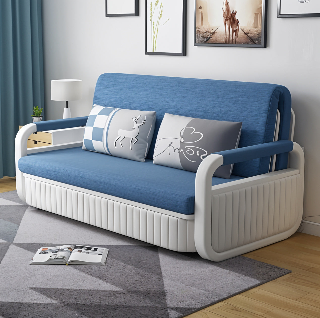 Unicorn Furniture Sofa Bed Modern Foldable Reclining Sleeper Bed Pull Out SofaBed with Storage Upholstered in Blue Cotton Linen & White Leather