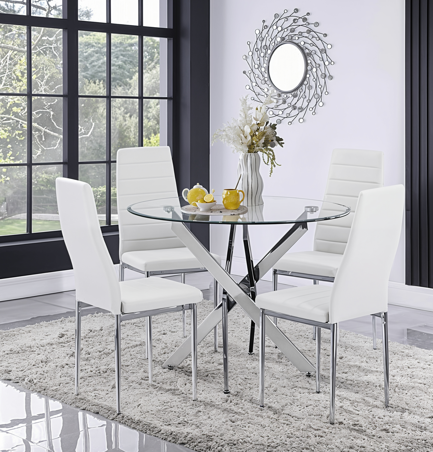 UNICORN FURNITURE 100cm Round Glass Dining Table Set with 4 Faux Leather Chairs – Modern Chrome Nest Design, Tempered Glass Top, for Restaurant Furniture Set - Kitchen & Dining Room