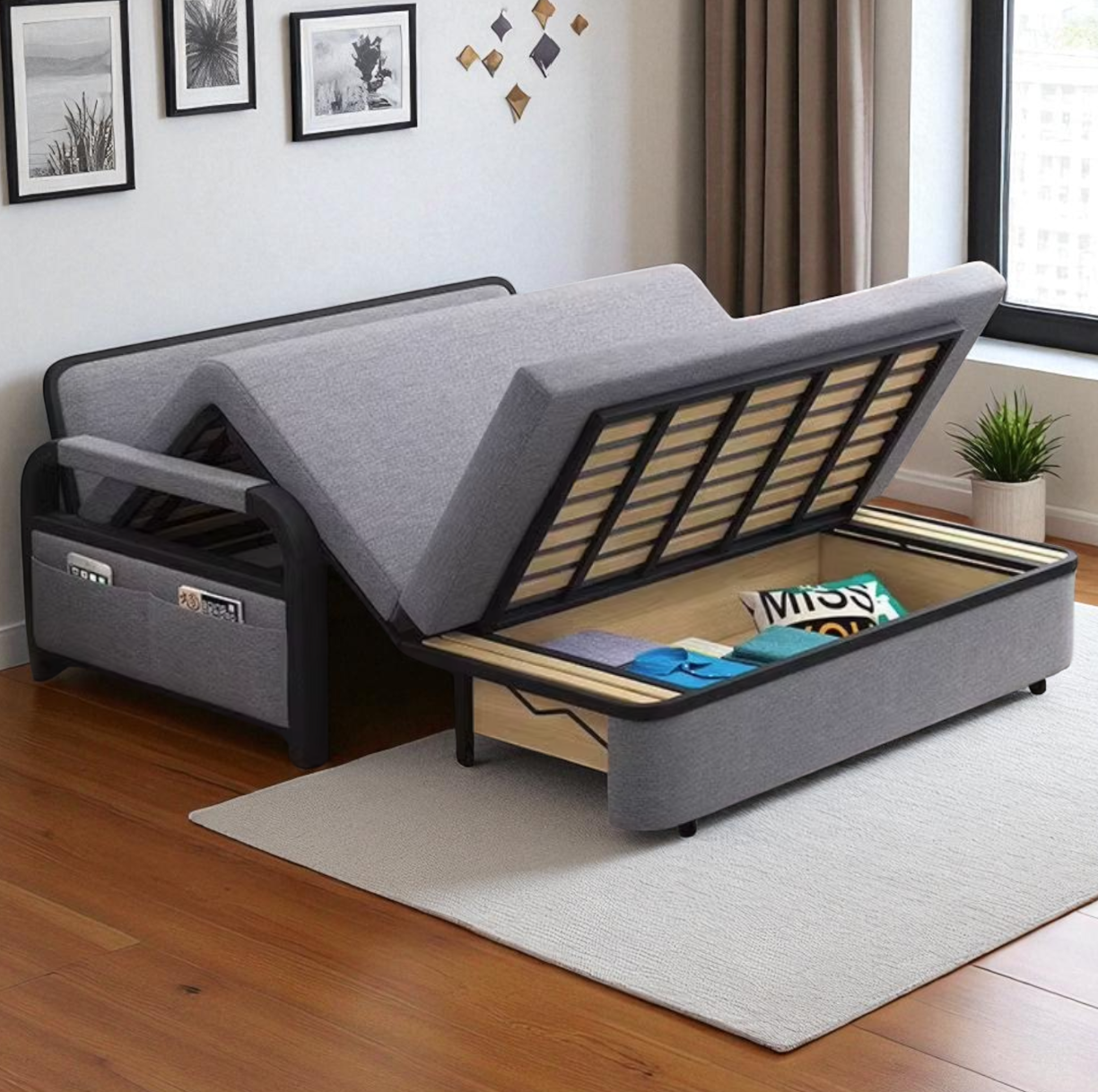 UNICORN FURNITURE Pull Out Sofa Bed with Storage – Convertible Reclining Compact Space Saving Sofabed for Small Spaces 158cm( Grey & Black)