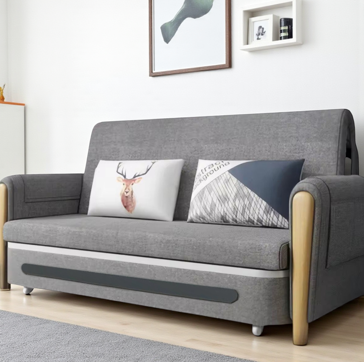 UNICORN FURNITURE Convertible Sleeper Sofa Bed Modern Reclining Foldable Bed Pull Out Sofa Bed With Storage Space Saving Multifunctional Sofabed (Grey/White Padded Armrests)