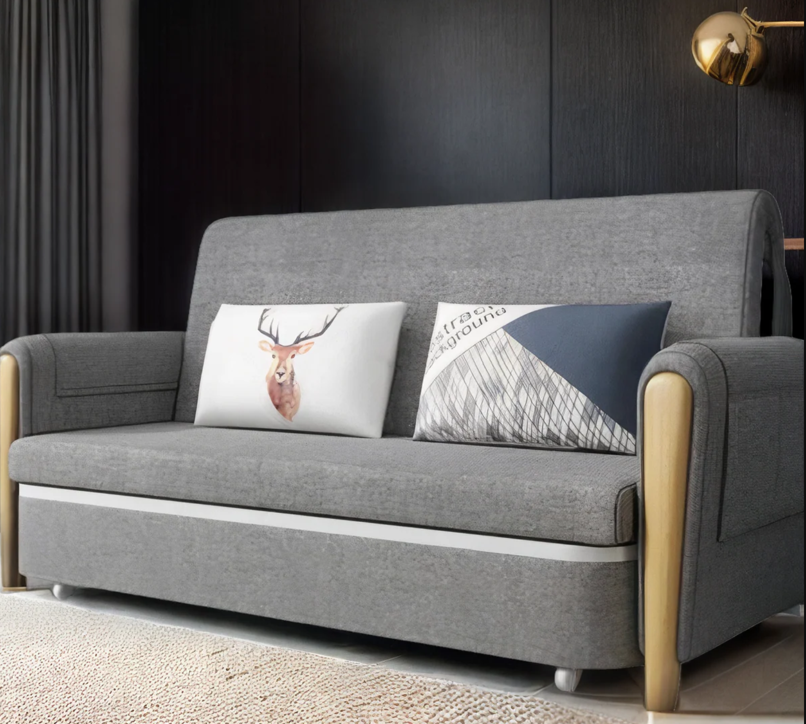 Unicorn Furniture Sofa Bed - Modern Foldable Bed - Pull Out Sofa Bed with Storage Breathable Cotton Linen Fabric- Sofabed- sofa cum bed in -Padded armrests (Grey)