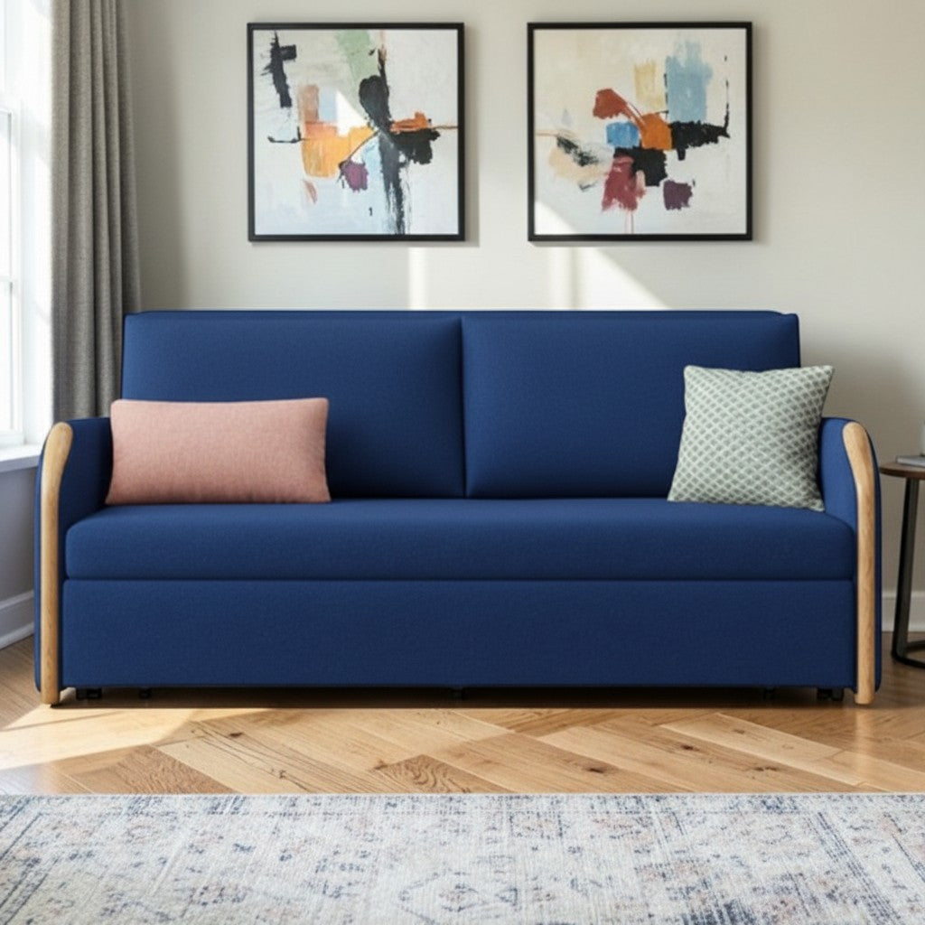 UNICORN FURNITURE Convertible Sofa Bed with Storage, King Size Pull Out Sofa Bed, 3 Seater Sofa Bed in Removable Cotton Fabric, Tool-Free Assembly Sofa Bed with Hidden Storage 170cm (Blue)