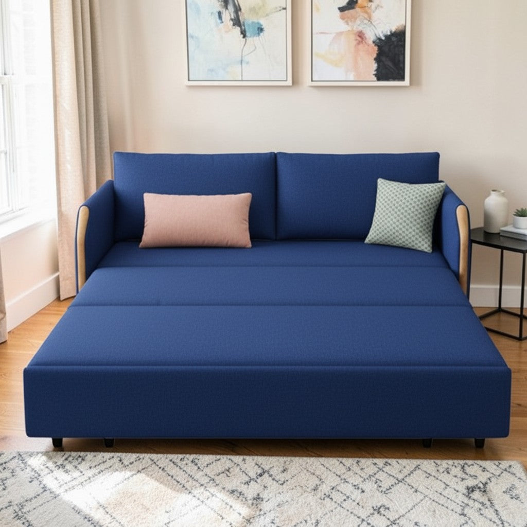 UNICORN FURNITURE Convertible Sofa Bed with Storage, King Size Pull Out Sofa Bed, 3 Seater Sofa Bed in Removable Cotton Fabric, Tool-Free Assembly Sofa Bed with Hidden Storage 170cm (Blue)