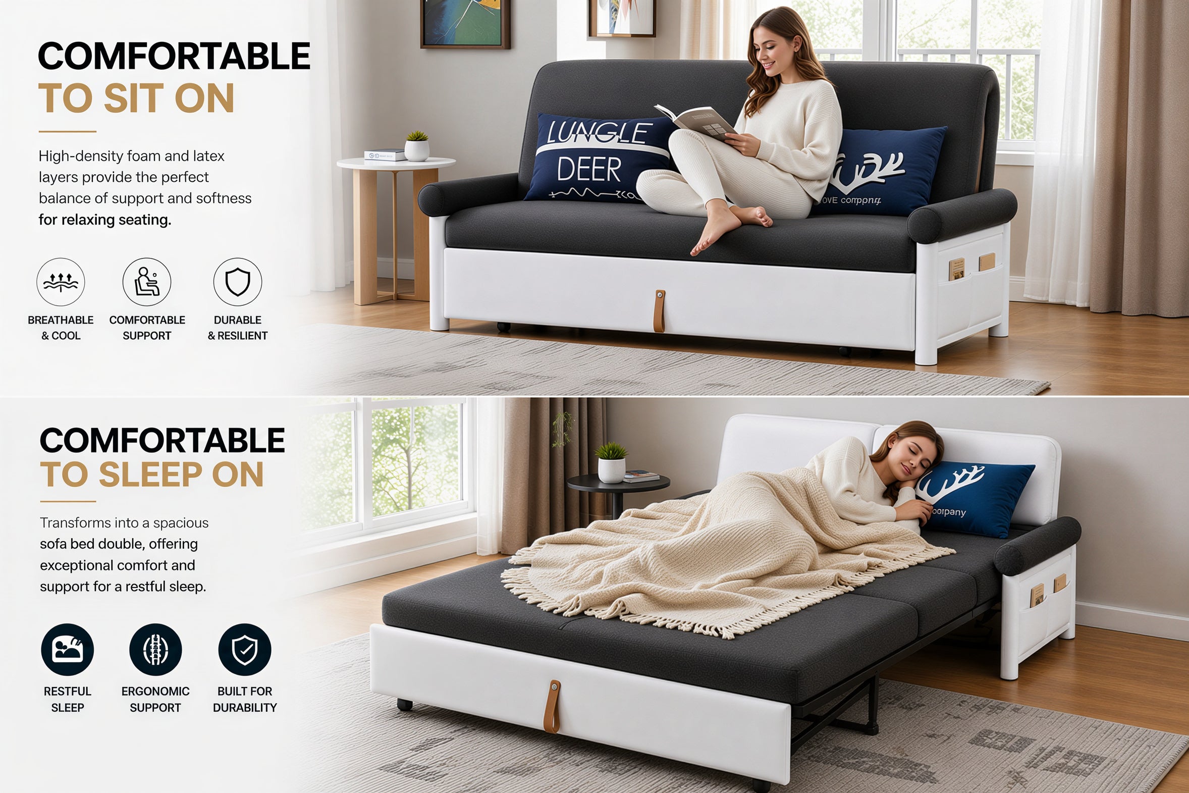 UNICORN FURNITURE Convertible Sofa Bed Double with Storage – 2 Seater Pull Out Sofa Bed, Modern Sofa Bed Double Sleeper Couch for Living Room, Guest Room & Small Spaces (Dark Grey)