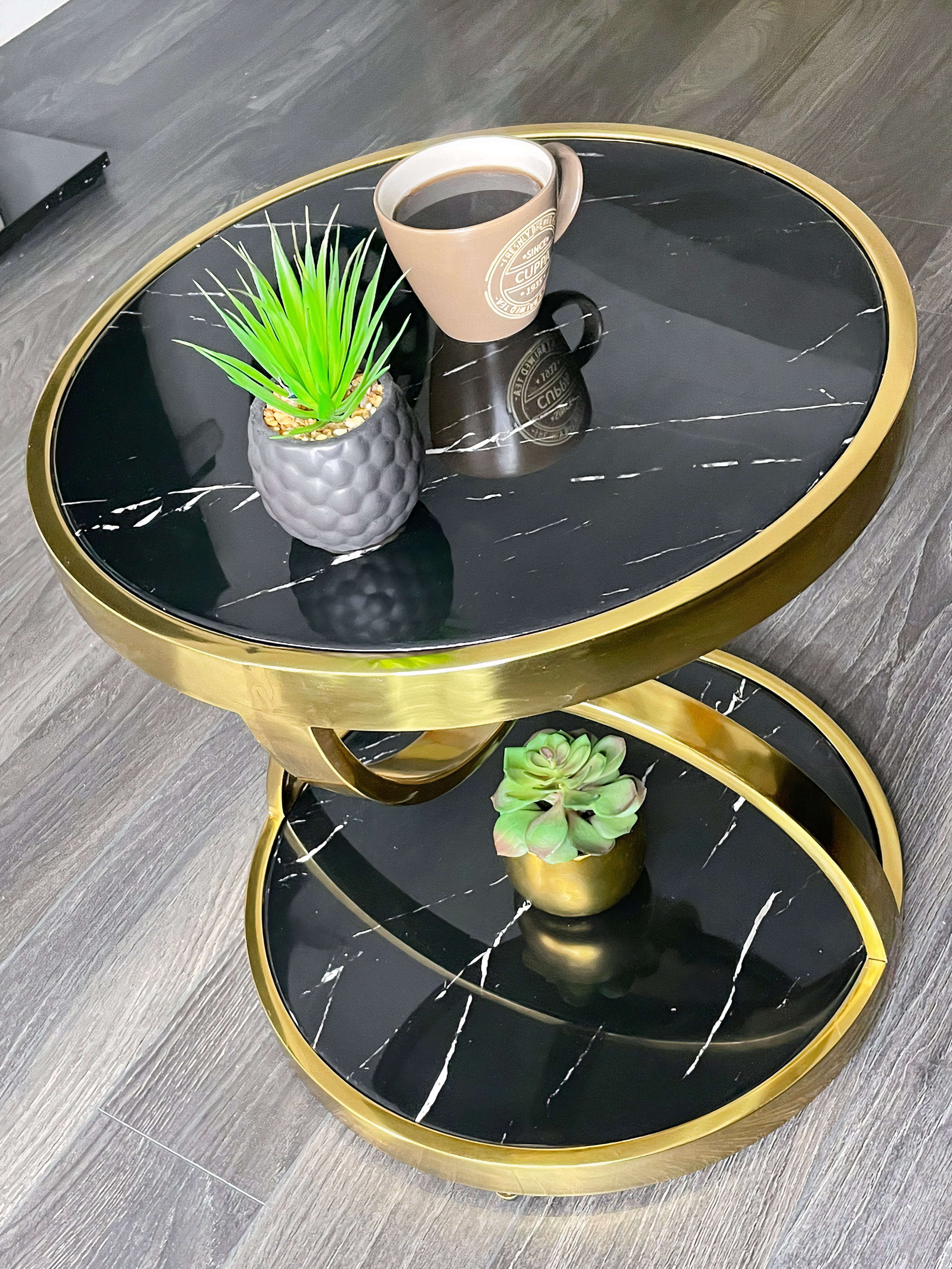 Luxurious Round Marble Coffee Table Sturdy Stainless Steel Gold Side Table 2 Tier Side Modern Coffee Table