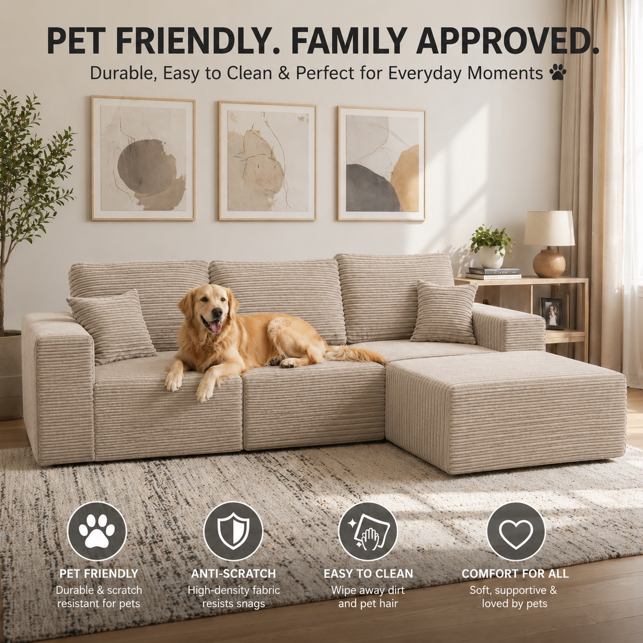 UNICORN FURNITURE Modular Cloud Sofa Bed in a Box – 275cm L-Shaped Boneless Couch, Deep Seat Memory Foam Sectional Sofa, Pet Friendly Corduroy Corner Sofa with Chaise (Beige)