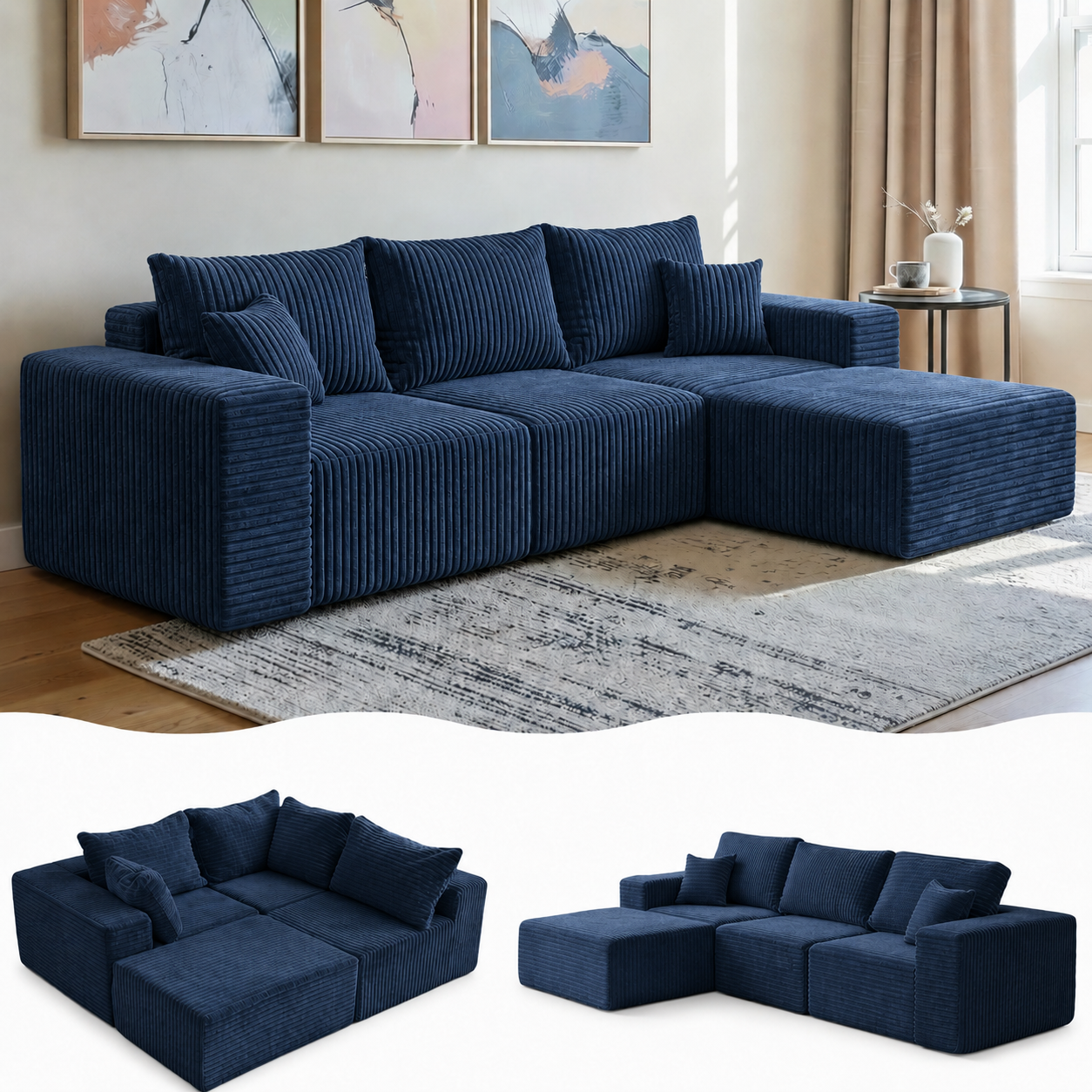 UNICORN FURNITURE Modular Cloud Sofa Bed in a Box – 275cm L-Shaped Boneless Couch, Deep Seat Memory Foam Sectional Sofa, Pet Friendly Corduroy Corner Sofa with Chaise (Blue)