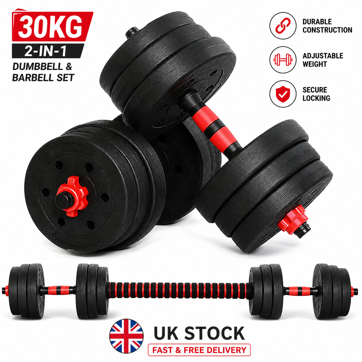 SUREPEFY 30KG Adjustable Dumbbell & Barbell Set – 2-in-1 Home Gym Weights