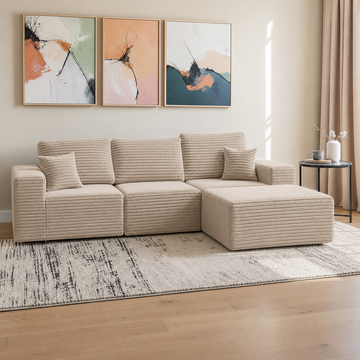 UNICORN FURNITURE Modular Cloud Sofa Bed in a Box – 275cm L-Shaped Boneless Couch, Deep Seat Memory Foam Sectional Sofa, Pet Friendly Corduroy Corner Sofa with Chaise (Beige)