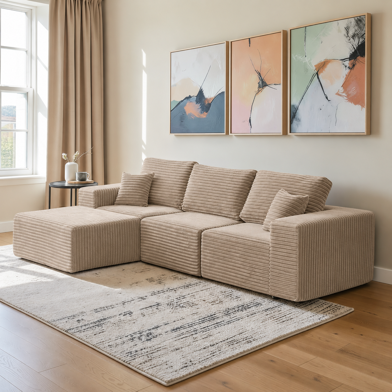 UNICORN FURNITURE Modular Cloud Sofa Bed in a Box – 275cm L-Shaped Boneless Couch, Deep Seat Memory Foam Sectional Sofa, Pet Friendly Corduroy Corner Sofa with Chaise (Beige)