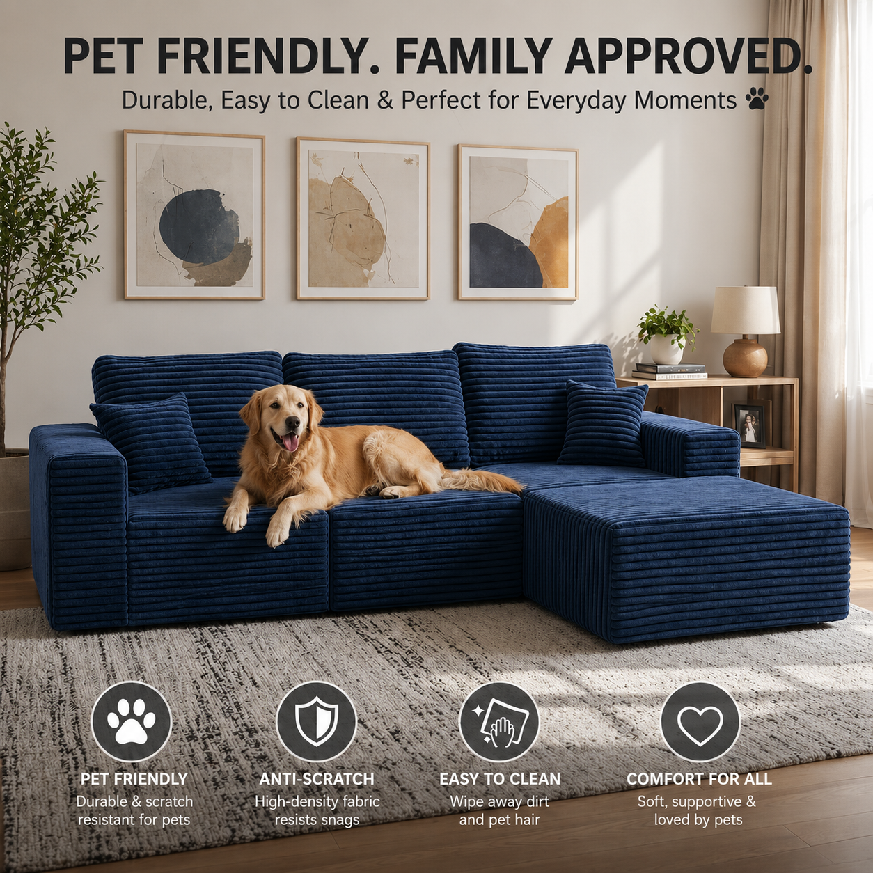 UNICORN FURNITURE Modular Cloud Sofa Bed in a Box – 275cm L-Shaped Boneless Couch, Deep Seat Memory Foam Sectional Sofa, Pet Friendly Corduroy Corner Sofa with Chaise (Blue)