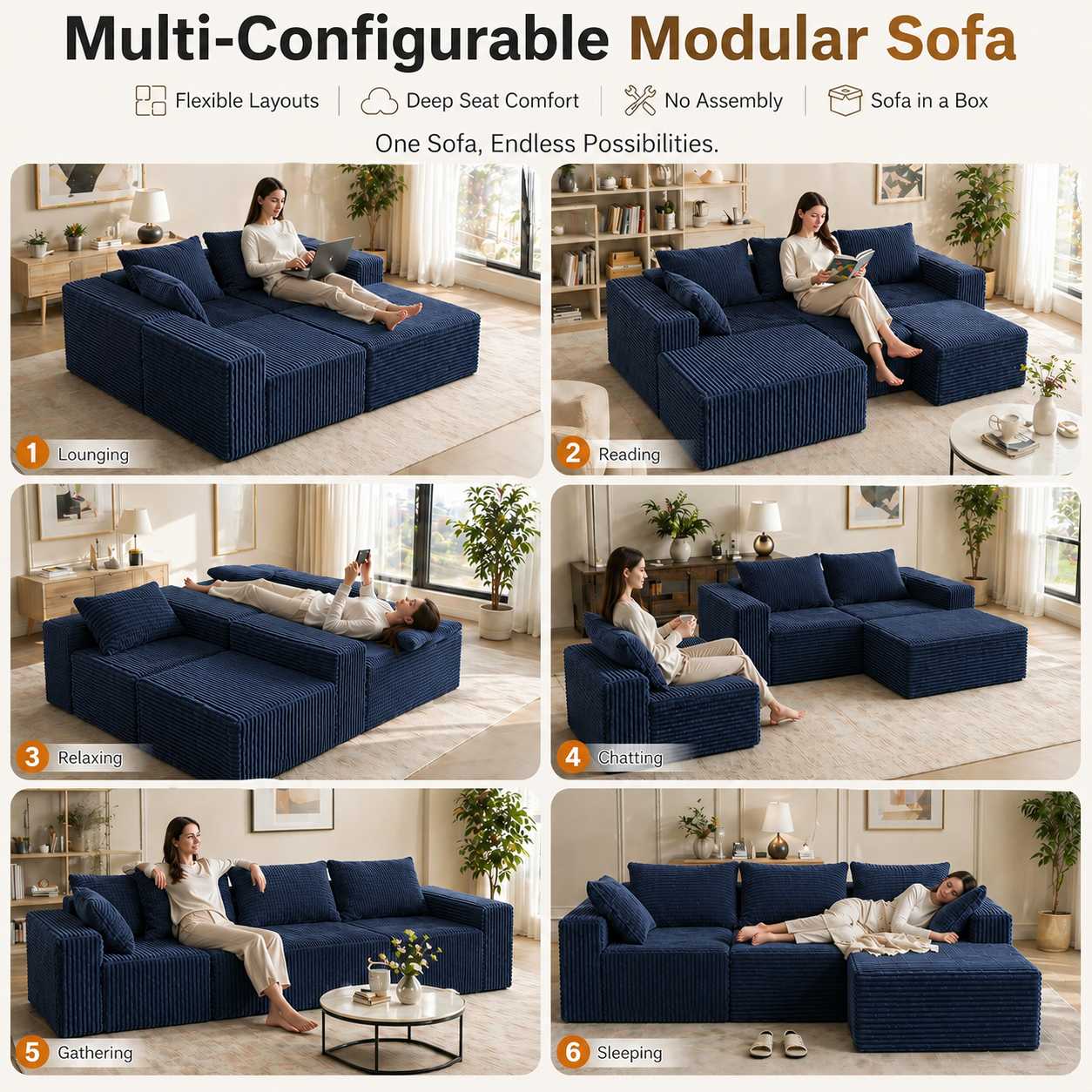 UNICORN FURNITURE Modular Cloud Sofa Bed in a Box – 275cm L-Shaped Boneless Couch, Deep Seat Memory Foam Sectional Sofa, Pet Friendly Corduroy Corner Sofa with Chaise (Blue)