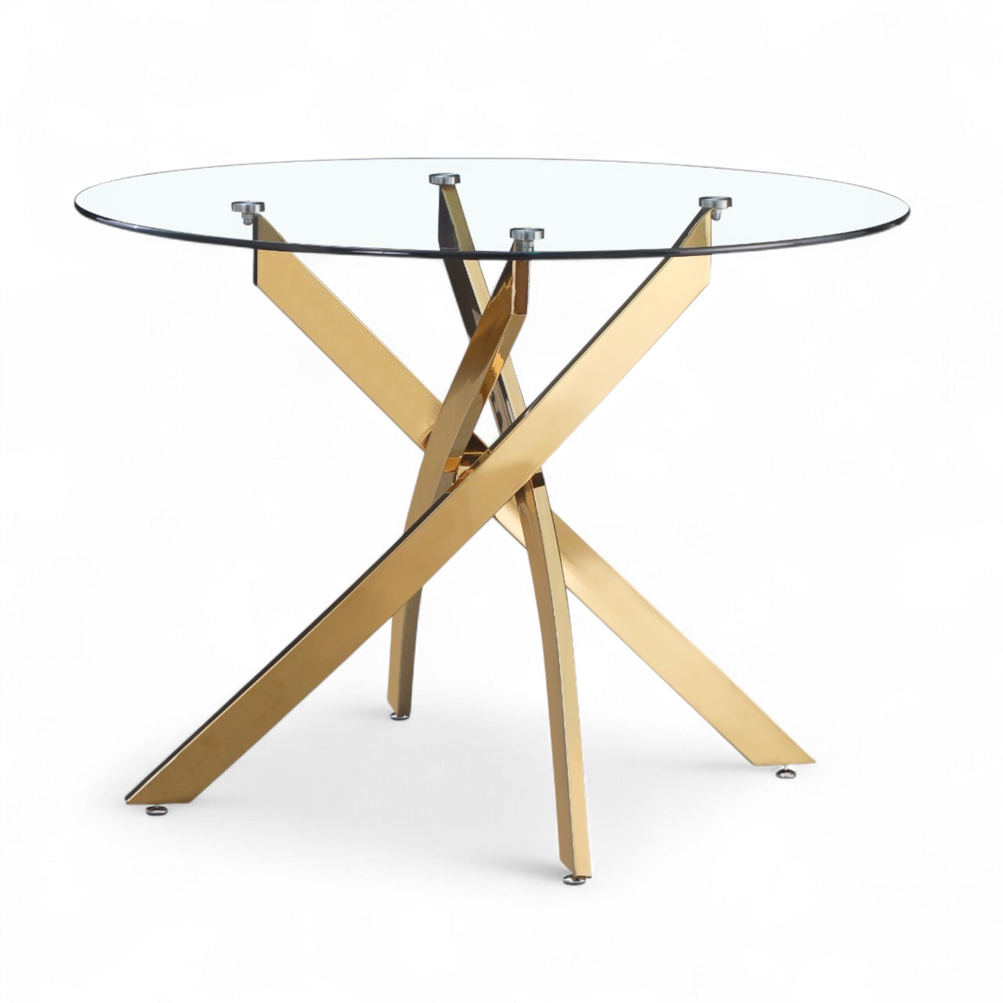 UNICORN FURNITURE Arezzo 100cm Round Glass Dining Table Set with 4 Faux Leather Chairs Gold Chrome Table Legs & Silver Chair Legs – Modern Kitchen & Dining Room Furniture for Small Spaces