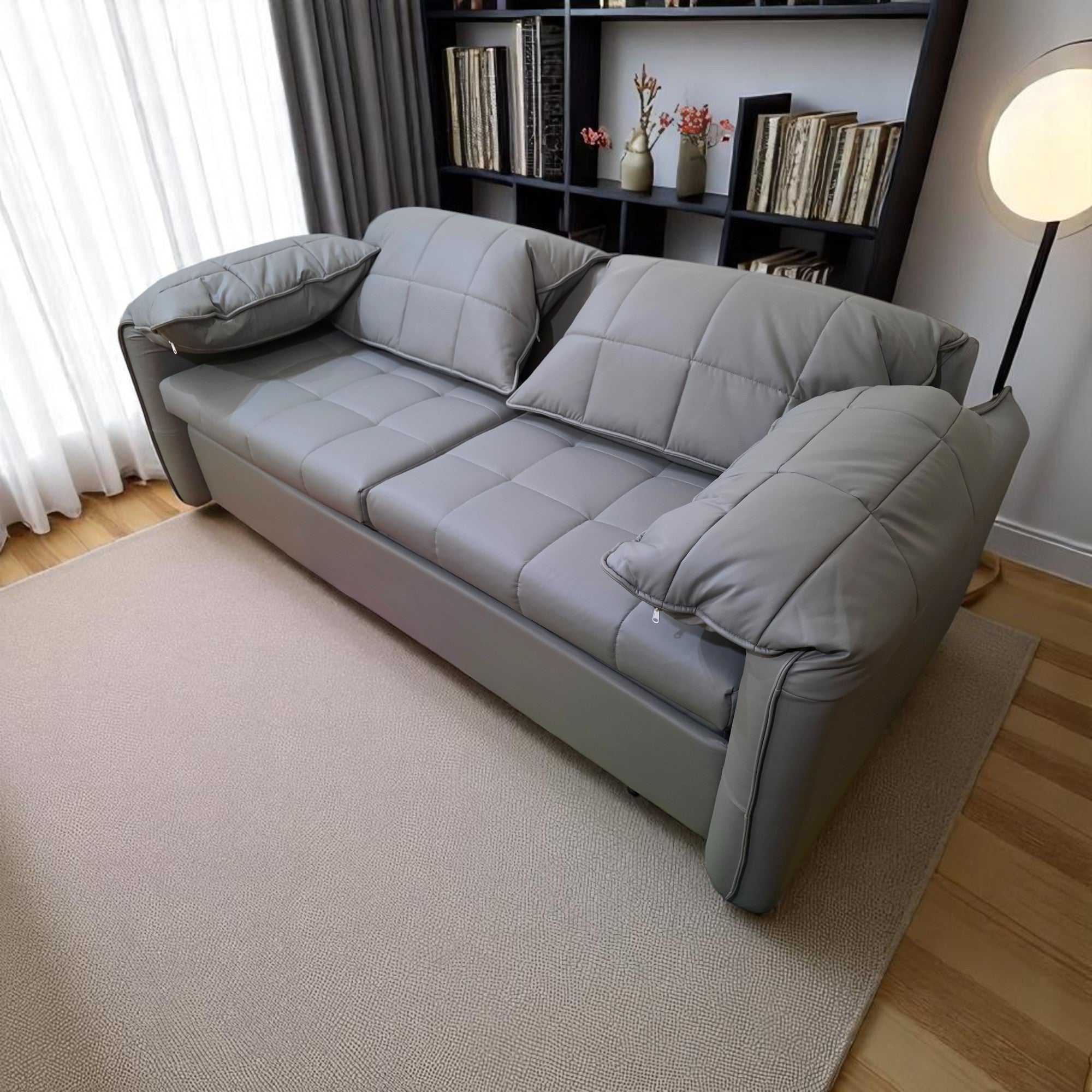 UNICORN FURNITURE Elephant-Style King Size Pull-Out Sofa Bed with Storage – Grey Leather Convertible Couch